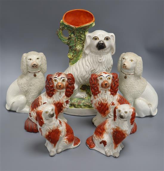 Three pairs of Staffordshire dogs and a single